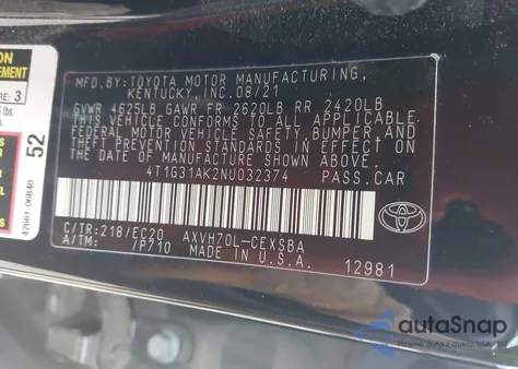 2022 Toyota Camry Nightshade Edition Hybrid from USA, damaged, VIN 4T1G31AK2NU032374